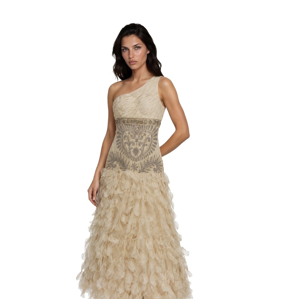 Sue Wong Nocturne Evening Gown Dress Womens Size 8 Champagne Feather Beads Maxi
